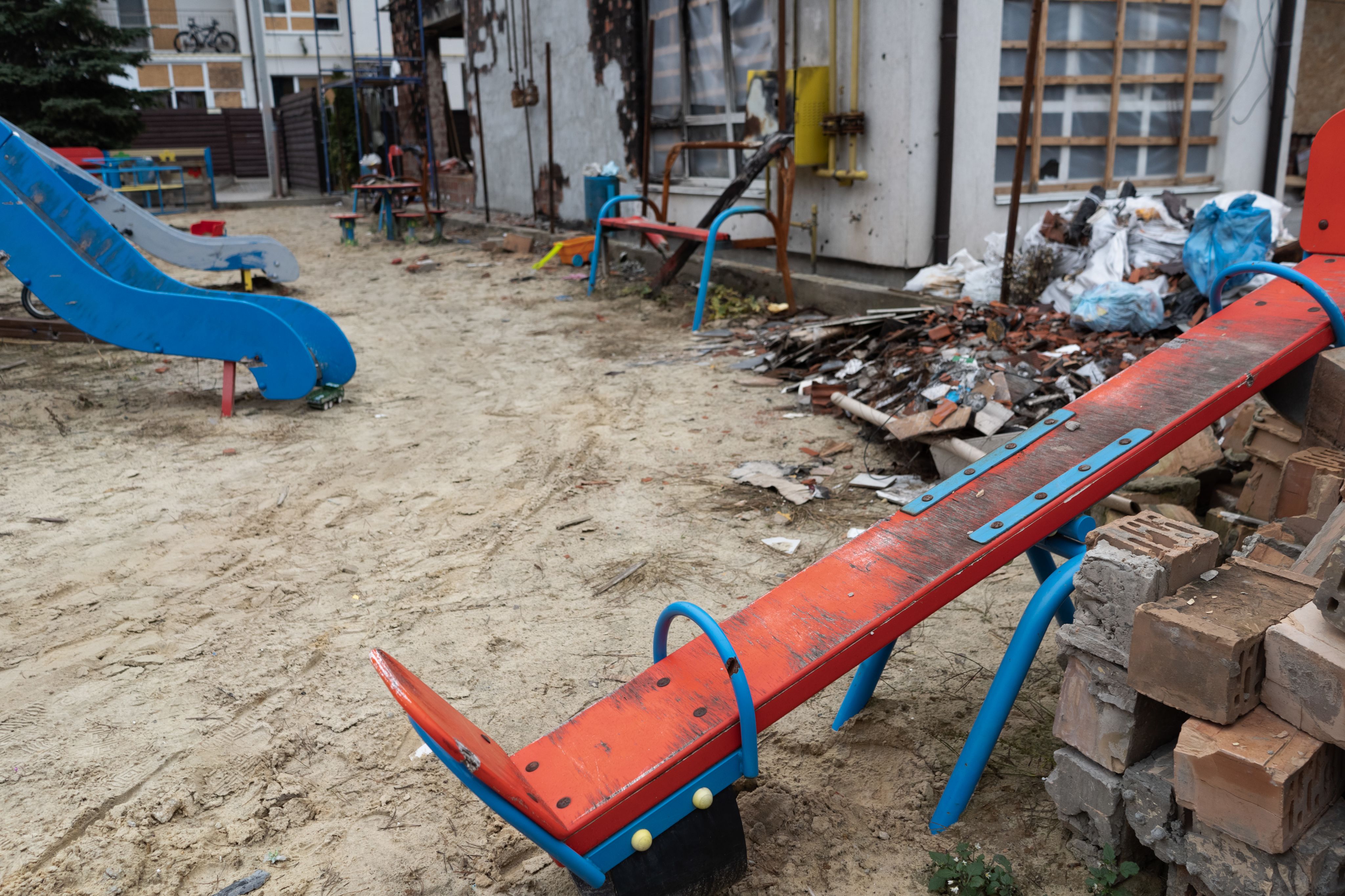 A damaged playground in Kyiv, Ukraine.